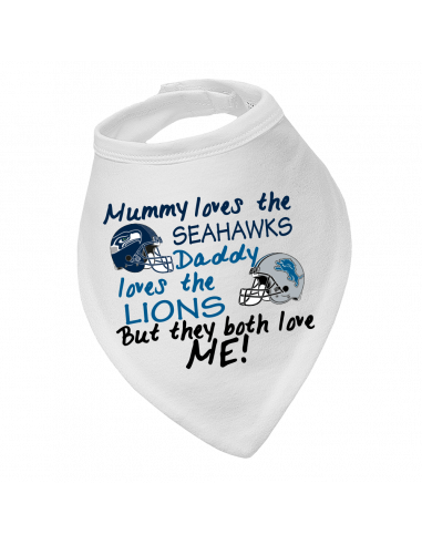 Baby bandana bib Mummy Loves Seahawks, Daddy Loves Lions