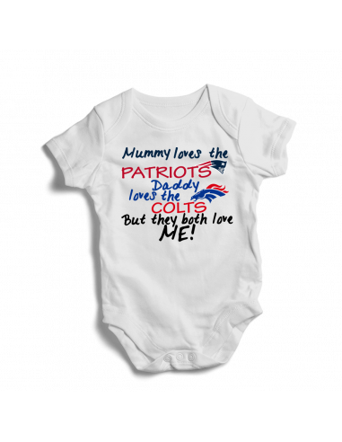 Mummy loves Patriots, daddy loves Colts, football baby onesie
