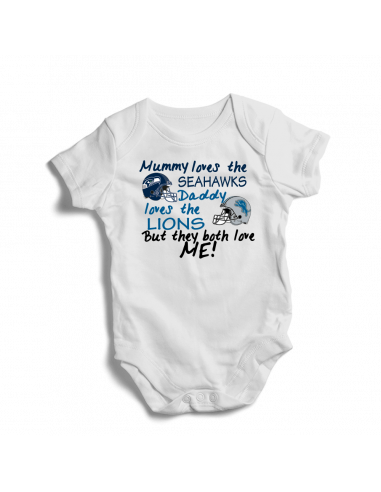 Mummy loves Seahawks, daddy loves Lions, football baby onesie